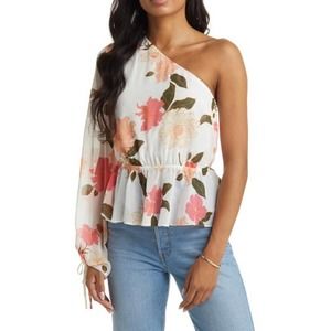 Vici Floral One-Shoulder Blouse - White and Pink